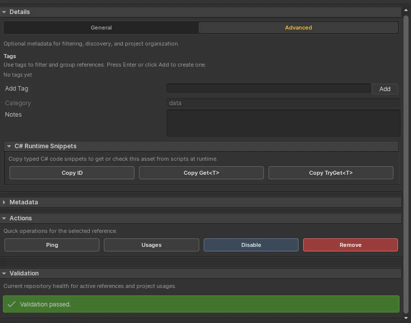 Advanced entry details with metadata, C# snippets, quick actions, and validation