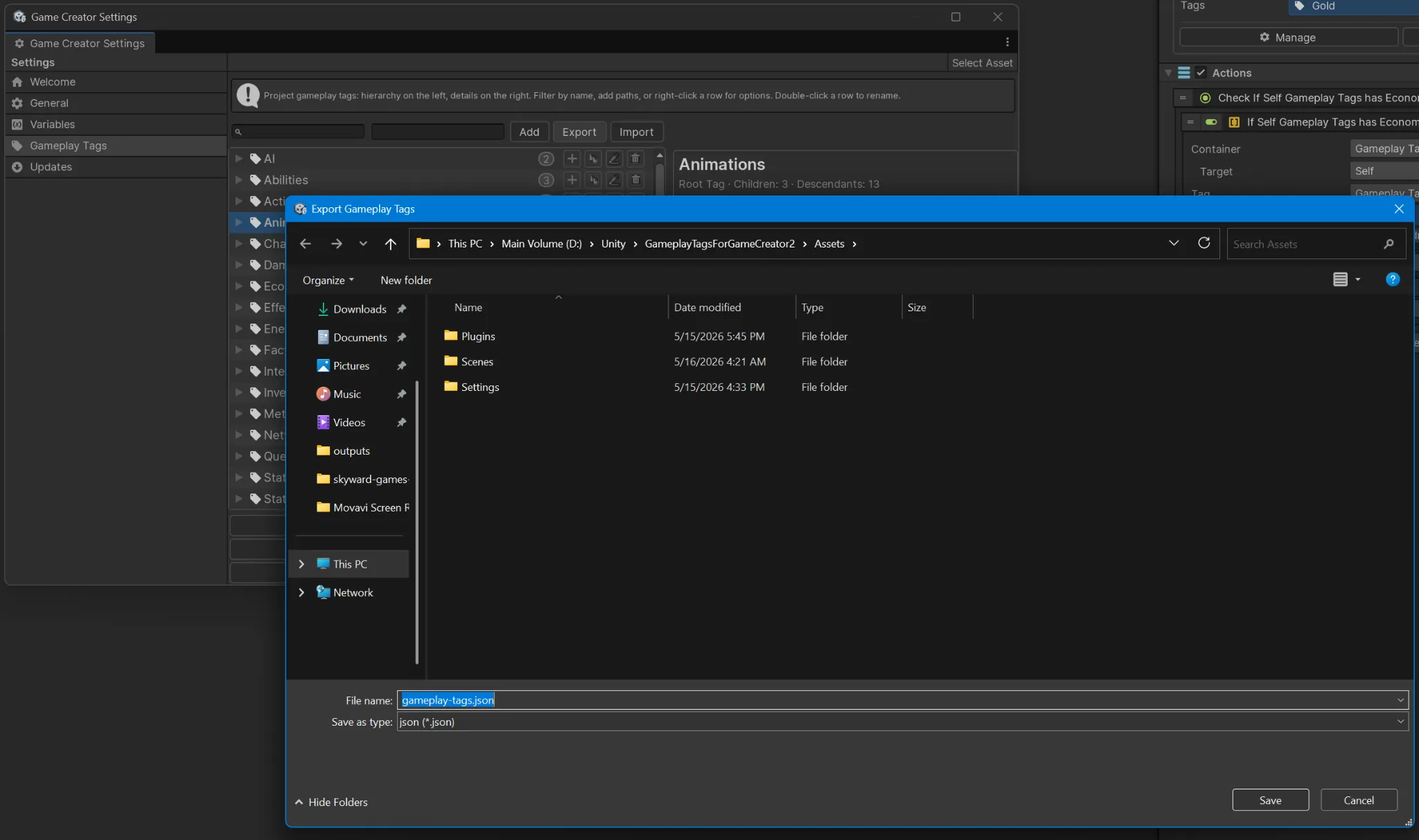 Gameplay Tags export dialog