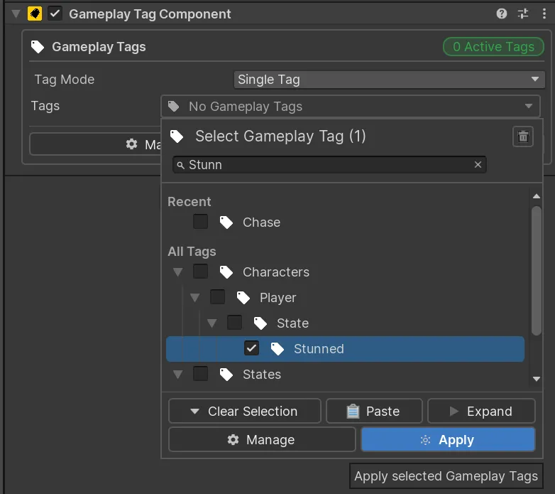 GameplayTagComponent with Character.State.Stunned assigned