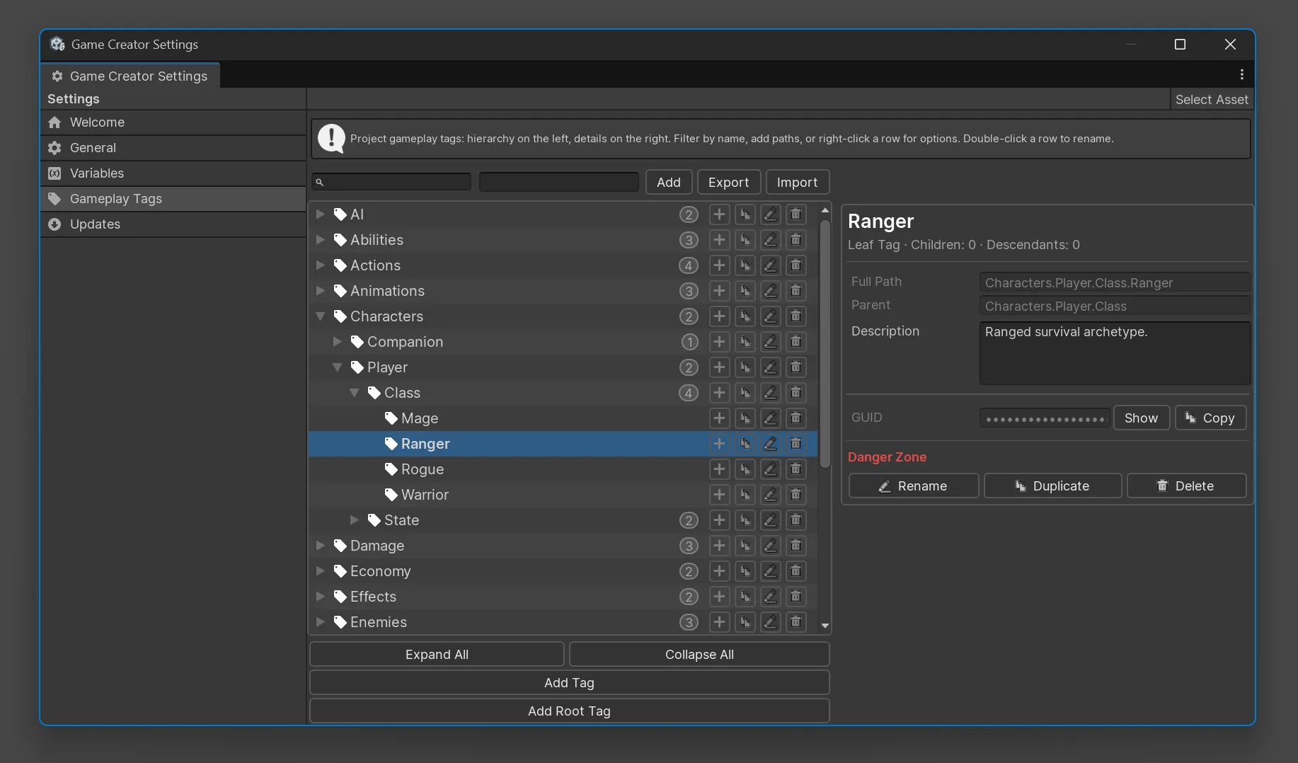 Gameplay Tags settings page showing the hierarchy and selected-tag details