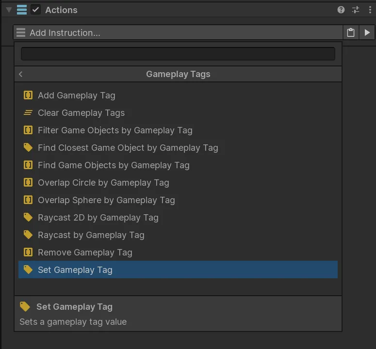 Gameplay Tags Actions in the Game Creator instruction picker