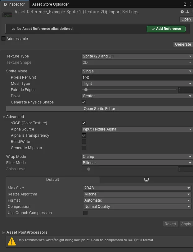 Inspector header for a selected project asset with the Add Reference button