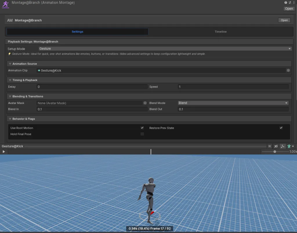 Gesture-mode Montage preview with the normalized playhead and humanoid preview model