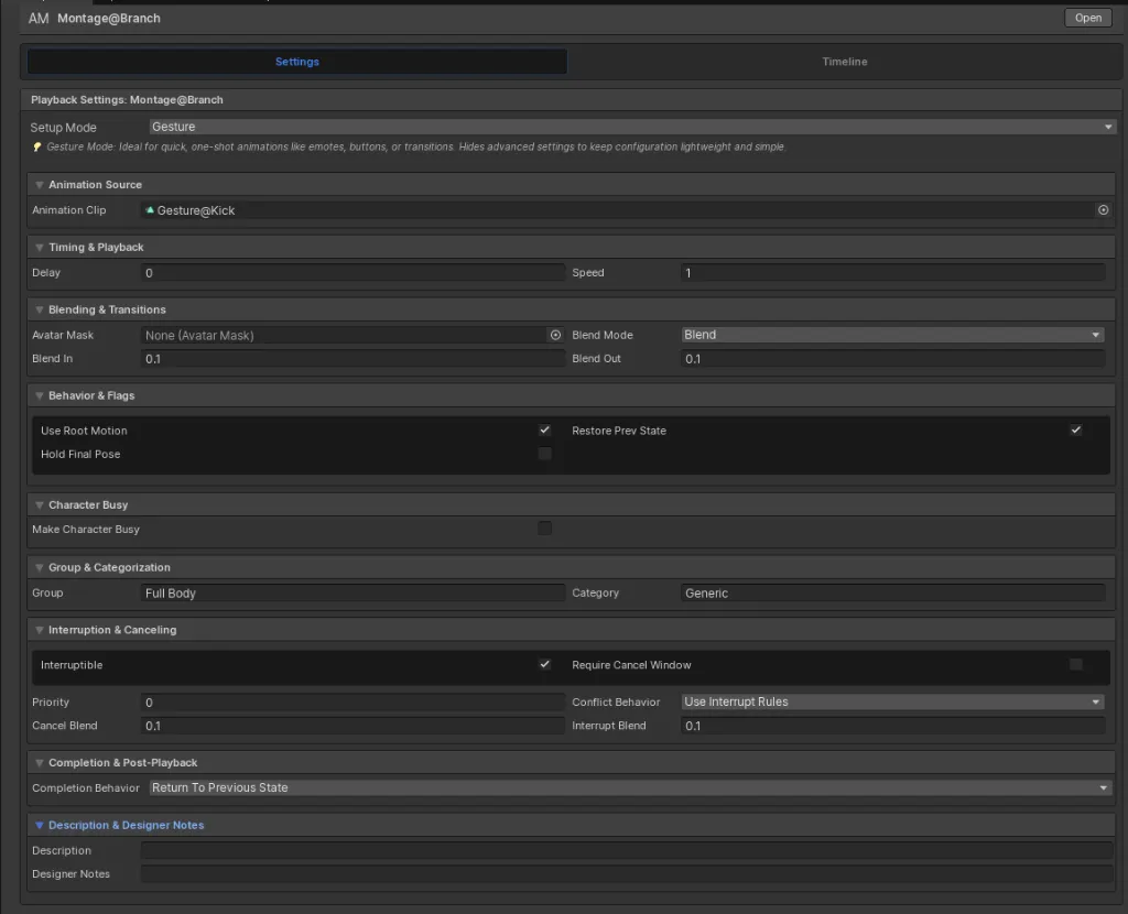 Full Gesture-mode Animation Montage settings inspector