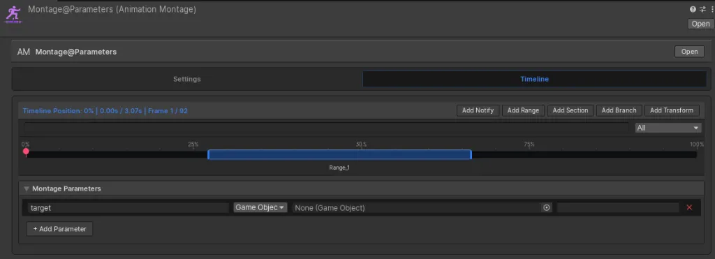Montage timeline with a GameObject parameter named target