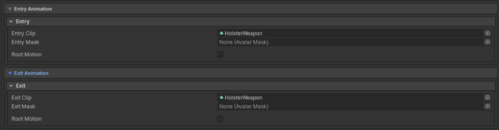 Entry and exit clip, avatar mask, and root-motion settings