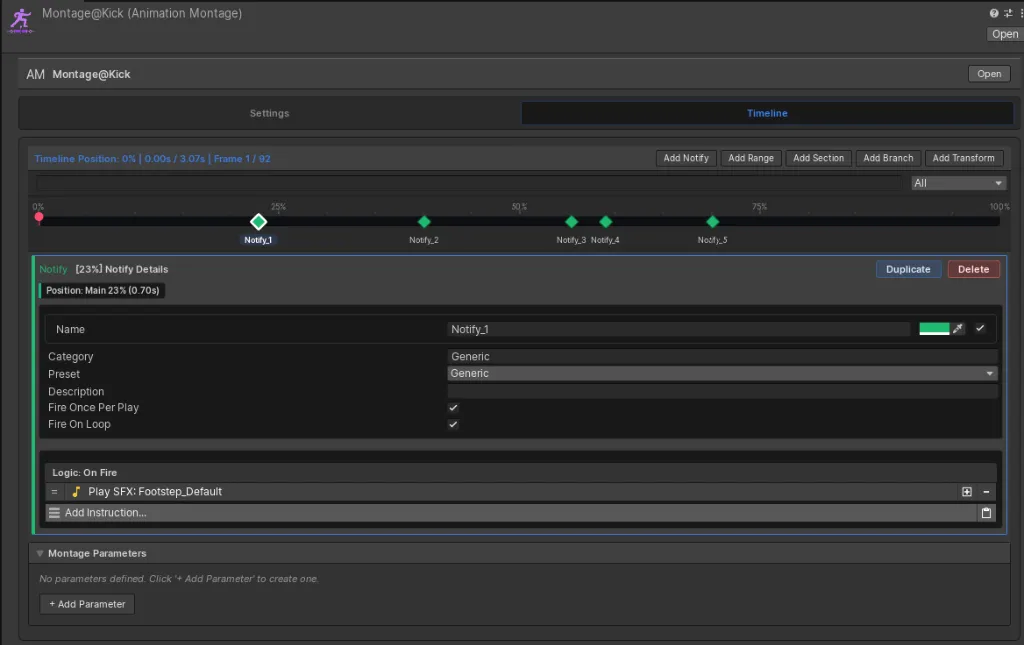 Montage timeline with several Notify markers and one selected Notify’s settings