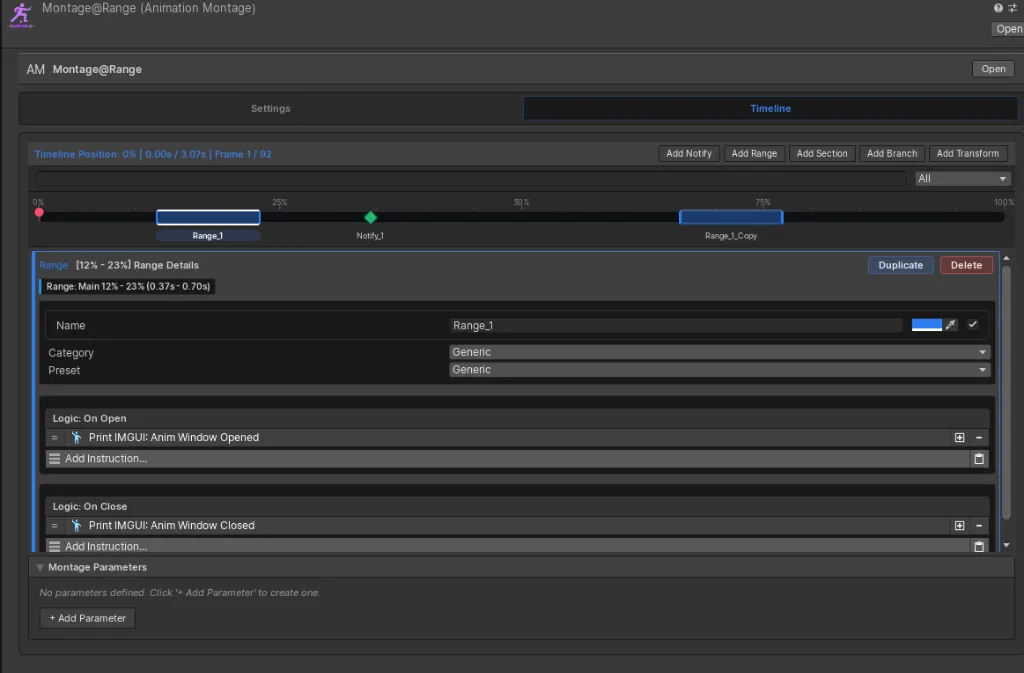 Montage timeline with two Range windows and separate On Open and On Close instruction lists