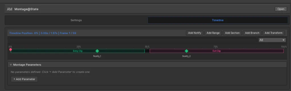 State-mode timeline with separate entry and exit clips