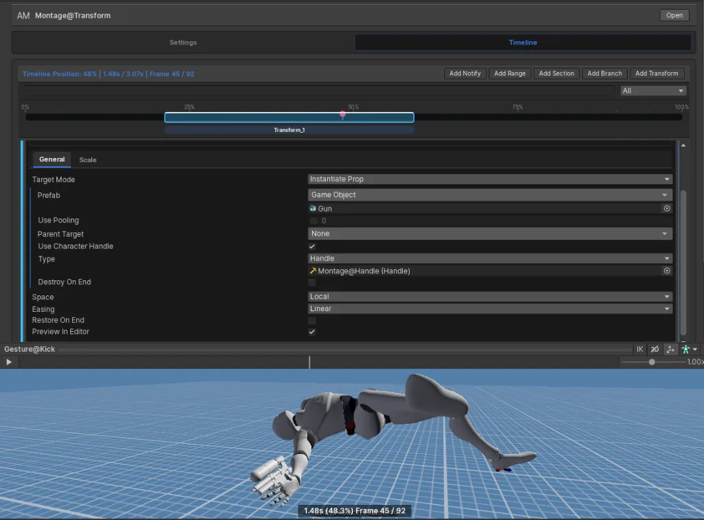 Transform track configured to instantiate and attach a prop while previewing the animation