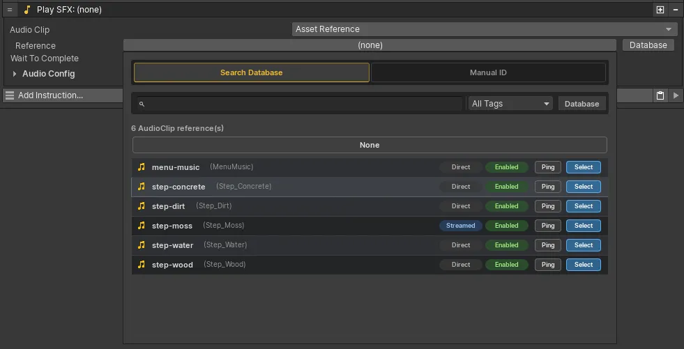Audio Clip Asset Reference selector with Search Database and Manual ID tabs