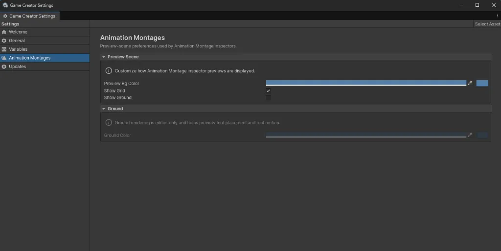 Animation Montages preview-scene preferences in Game Creator Settings