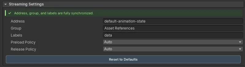 Streaming settings with synchronized address, group, labels, preload policy, and release policy