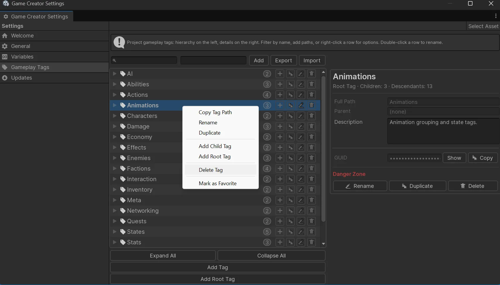 Tag row context menu